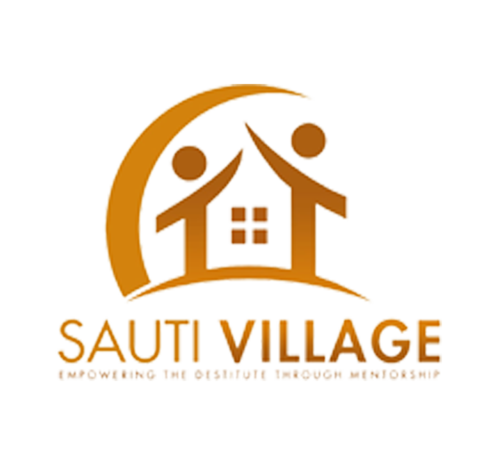 Two people lifting their arms to become the roof of a house. Text reads Sauti Village, empowering the destitute through mentorship.